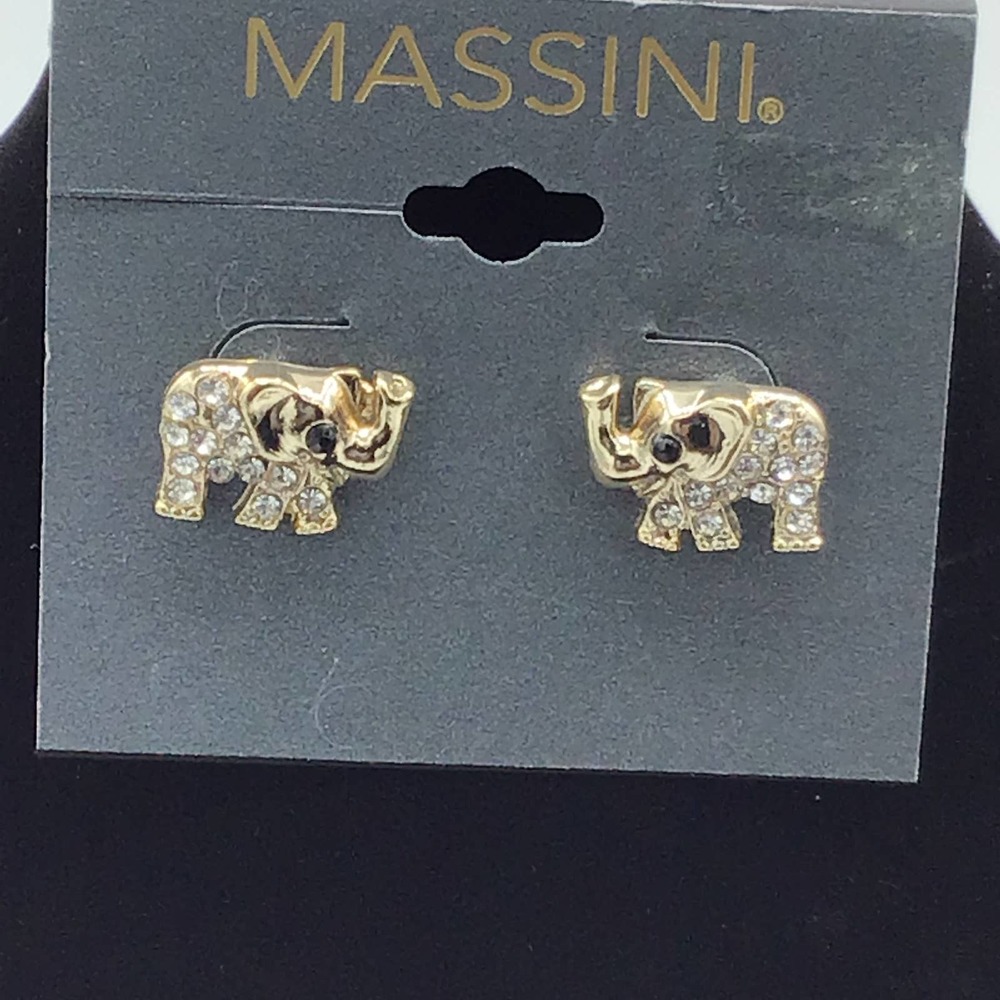Massini Gold & Rhinestone Elephant Earrings